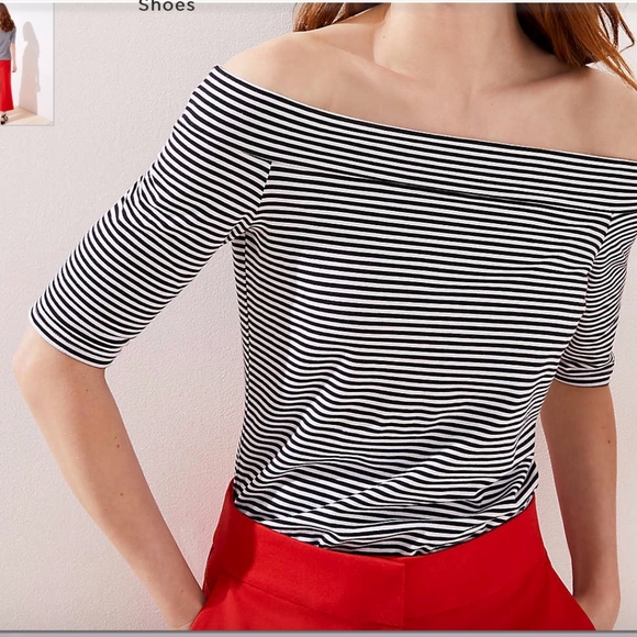 NWT LOFT Striped Elbow Sleeve Off Shoulder Tee - Picture 3 of 5